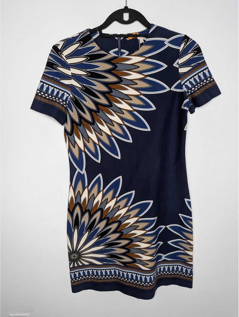 Tory Burch Dress Womens XS Blue Geometric Graphic Print Sheath Mini Short Sleeve